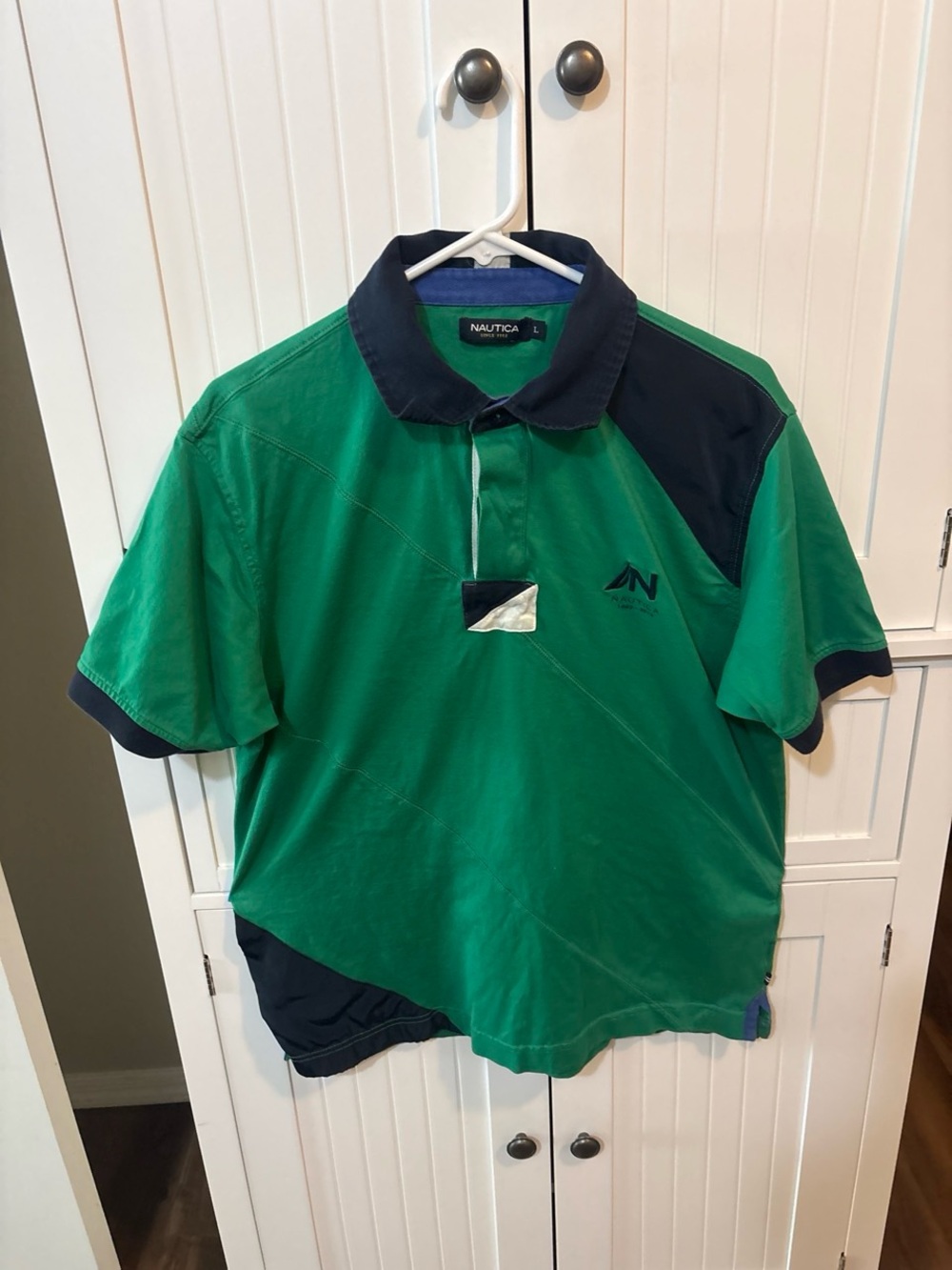 Mens L Green Navy Colorblock Polo Shirt 90s Y2K Sailing Golf